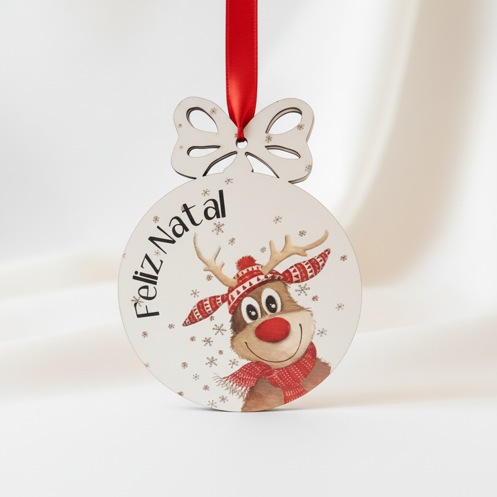 Bola de Natal Rena - Feliz Natal fundo branco